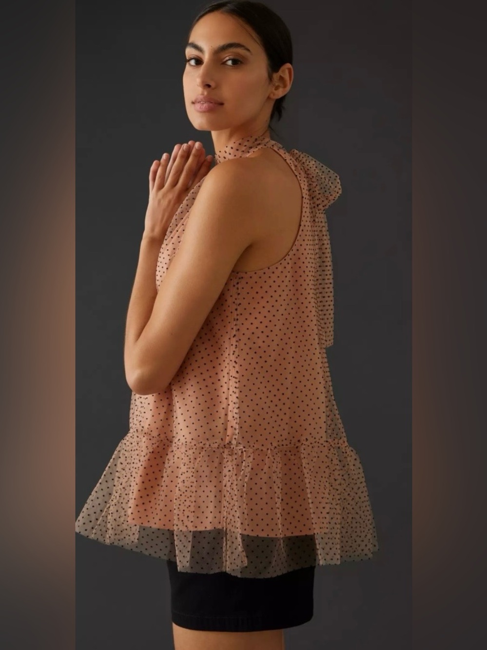 Anthropologie Sheer Blush Pink Polka Dot Ruffle Halter Top